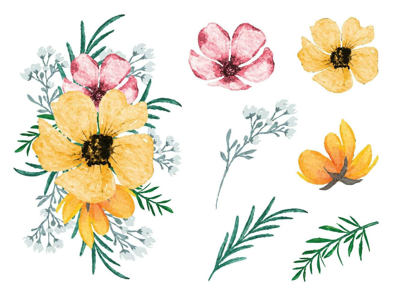 Watercolor flower bouquet illustration with isolated flowers and leaves vector