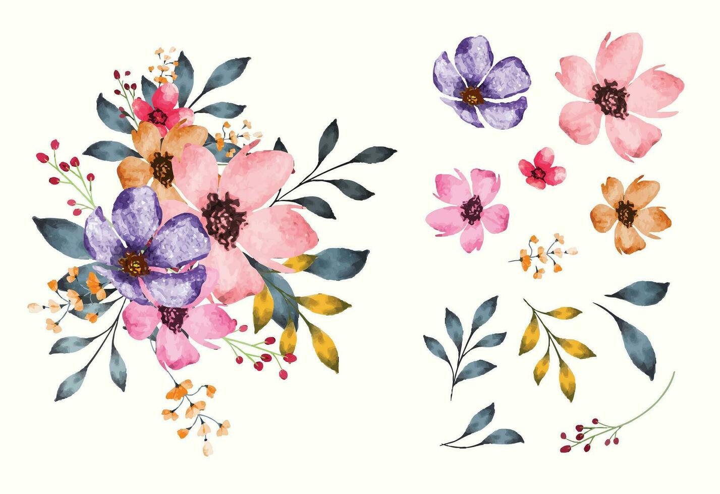 Isolated watercolor flowers and leaves with bouquet vector