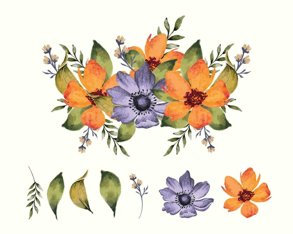 Watercolor bouquet with isolated flowers and leaves clip-art vector