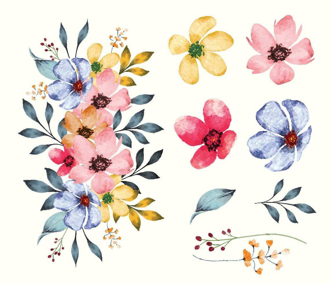Pastel watercolor bouquet with isolated flowers and leaves vector