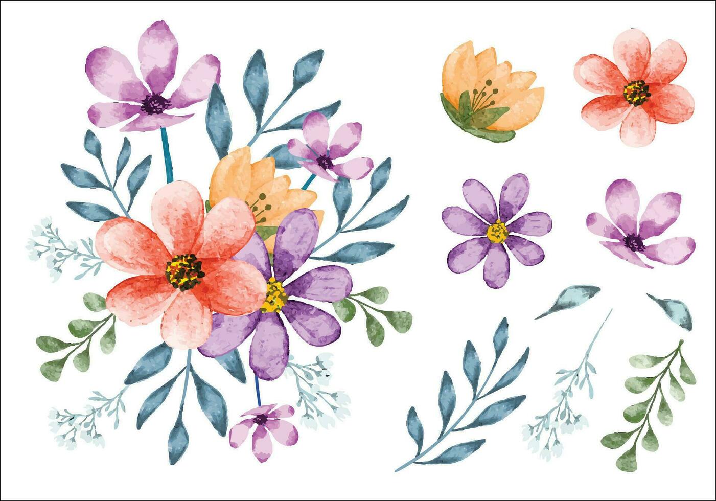 Watercolor flower bouquet with isolated leaves for floral border and invitation card vector