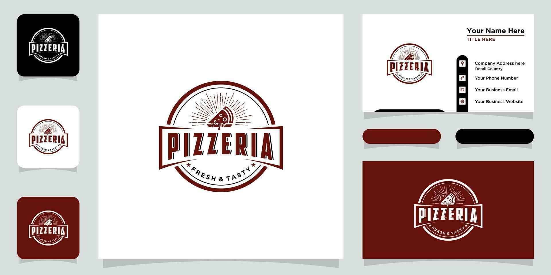 Pizza restaurant design logo. symbols for food and drink with business card design Premium Vector