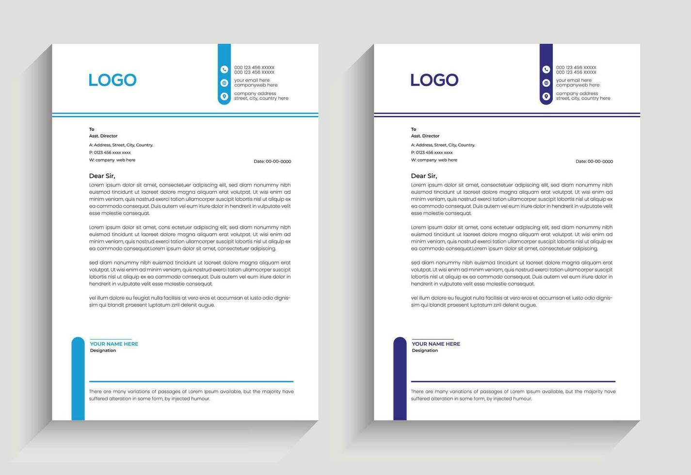 Corporate minimal clean and professional company business letterhead template design with color variation vector