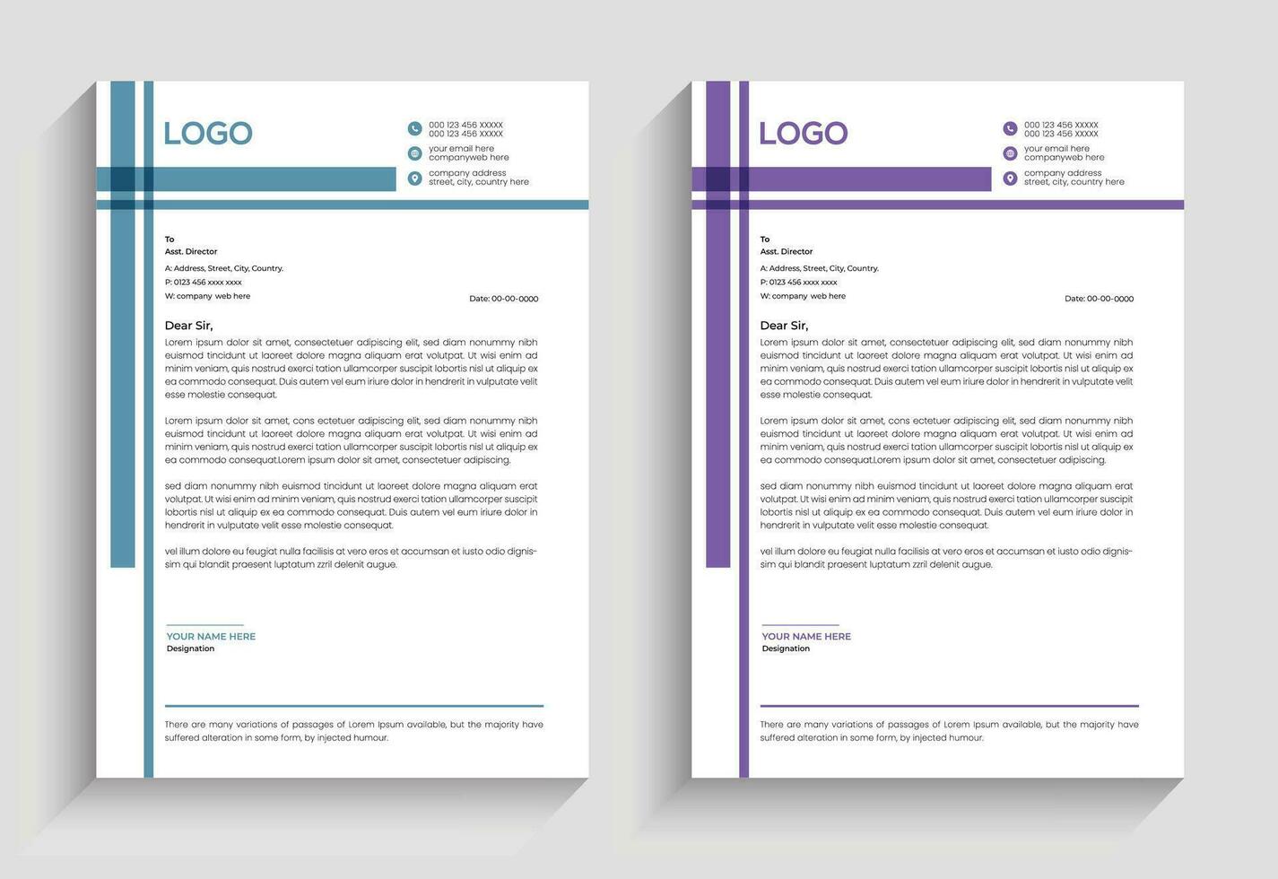 Corporate minimal clean and professional company business letterhead template design with color variation vector