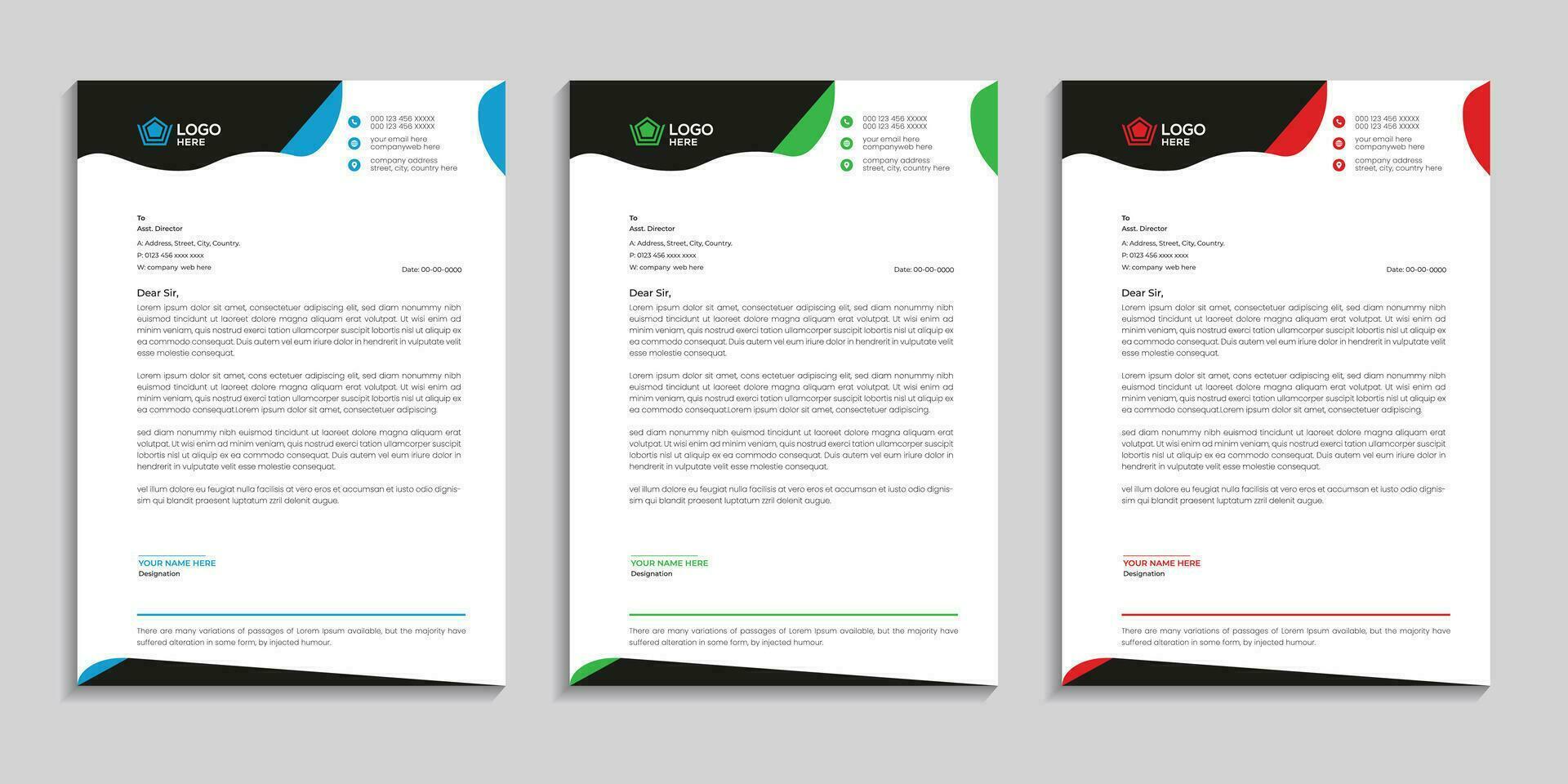 Corporate clean and professional company business letterhead template design with color variation vector