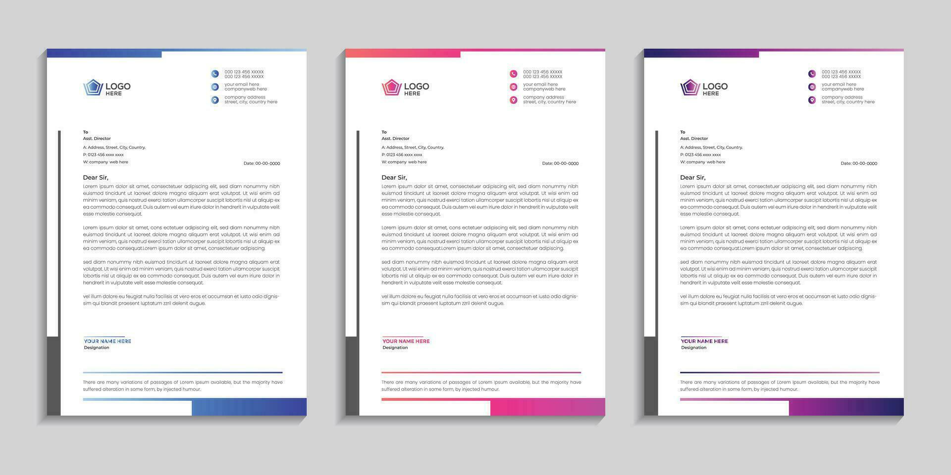 Corporate minimal clean and professional company business letterhead template design with color variation vector