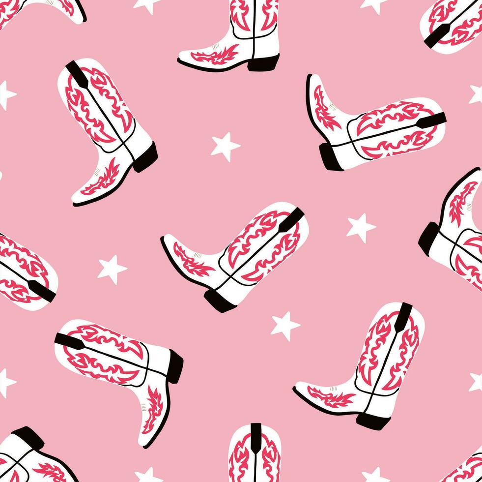 Seamless pattern with cowboy boots and stars. Western style. Vector illustration. Pink background