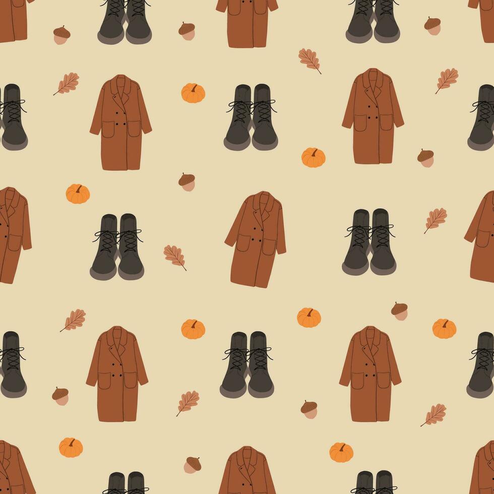 sin costura modelo con otoño ropa. abrigo, botas, calabaza y bellota. linda otoño vector ilustración