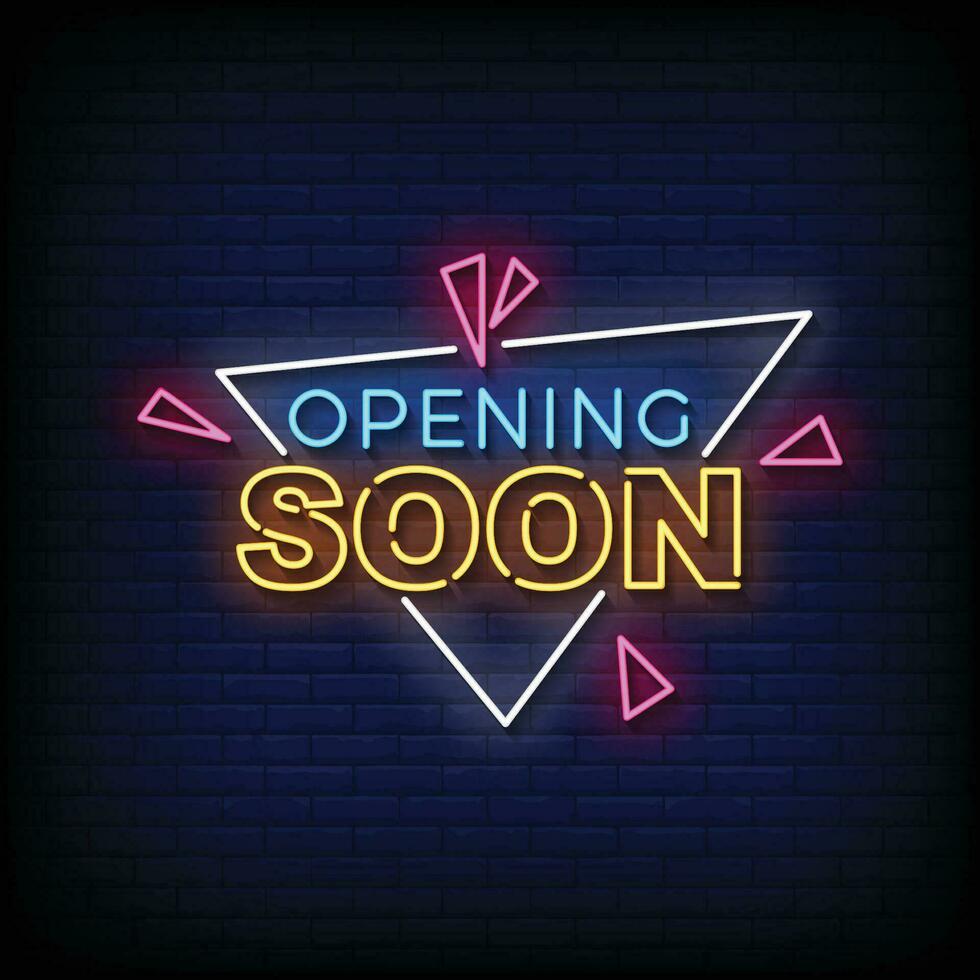 Neon Sign opening soon with brick wall background vector