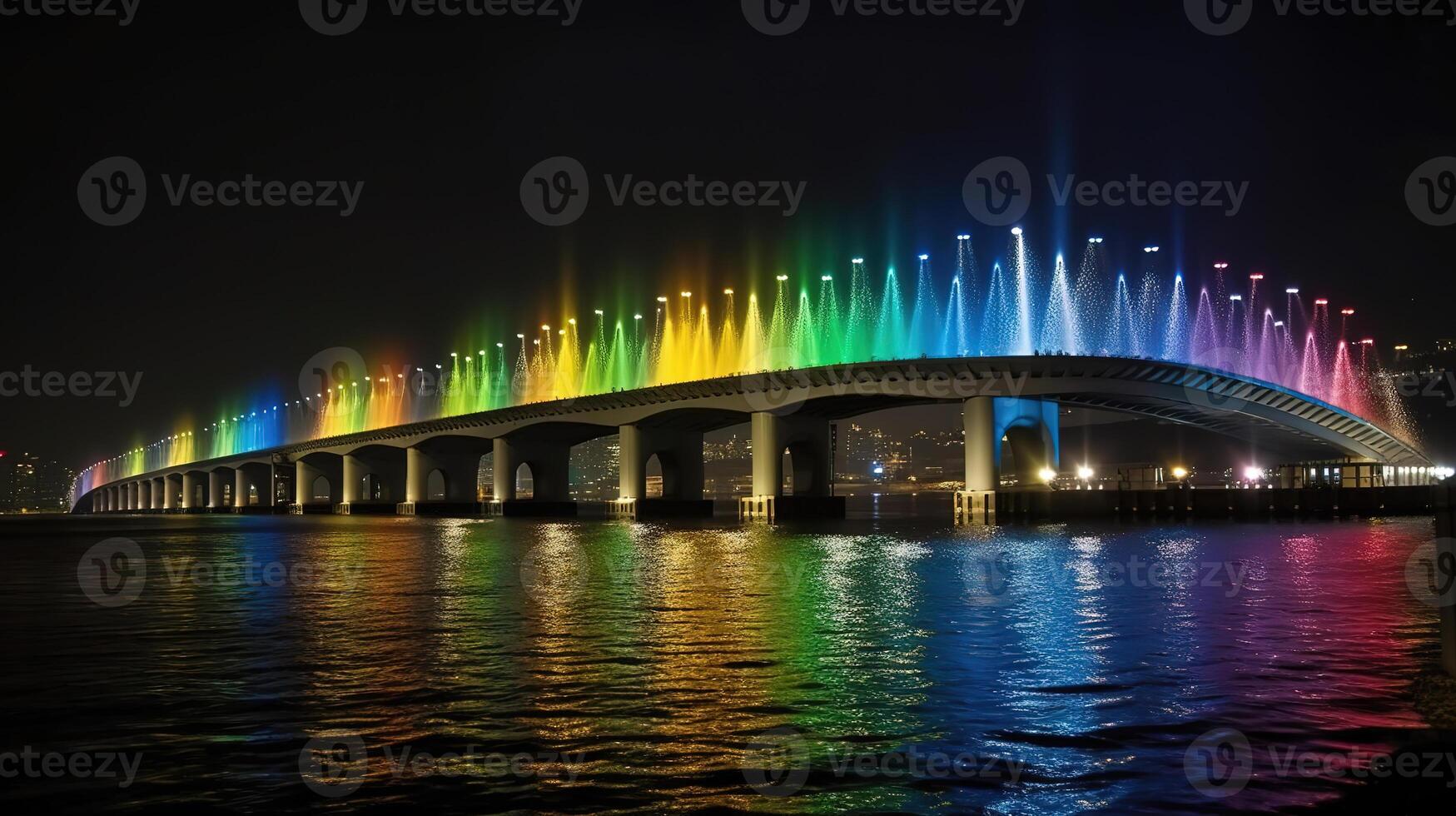 Fountain on the Banpo Bridge in Seoul South Korea at night. photo