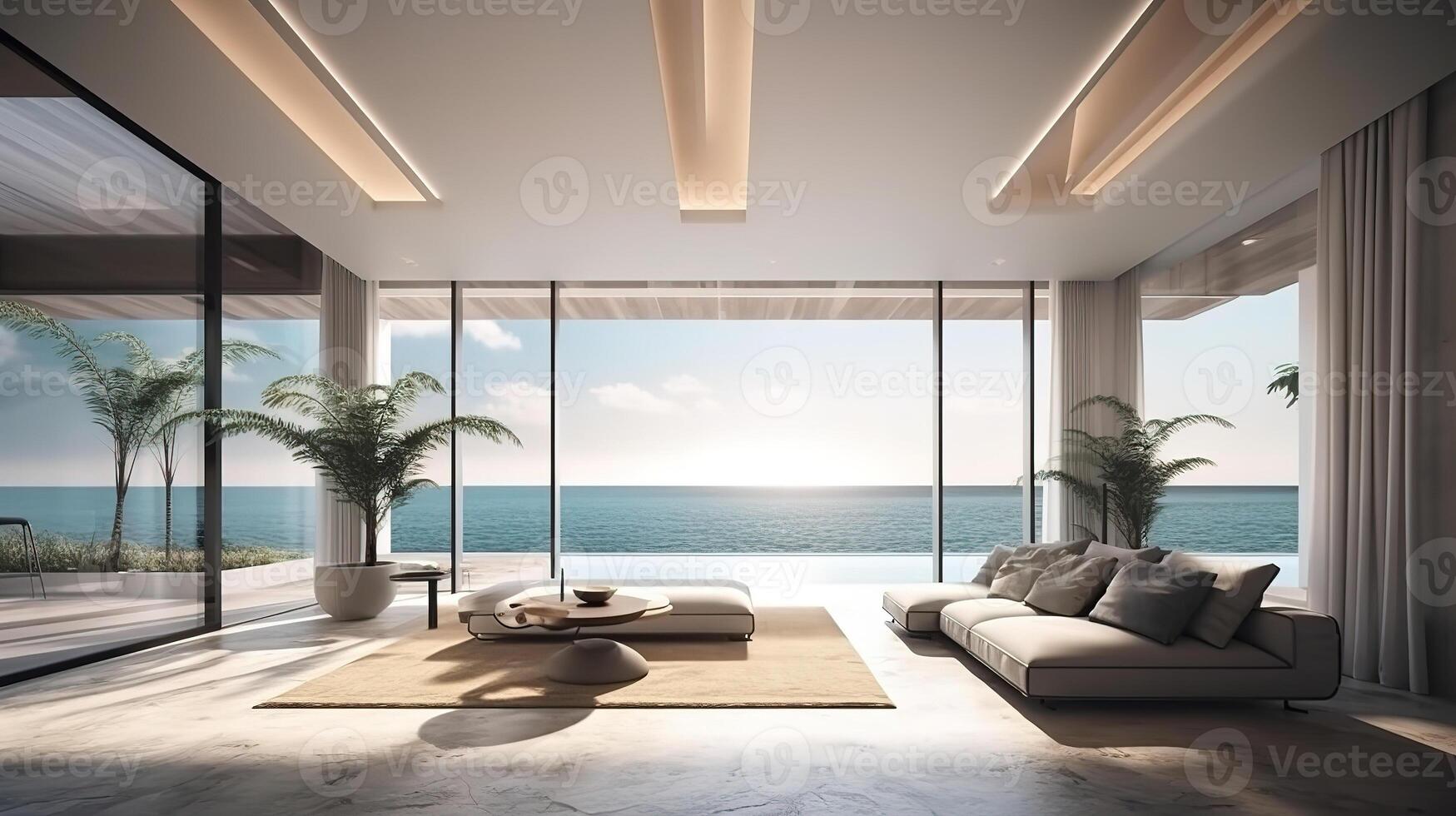 View of room inside house with beach sand and sunny weather. photo