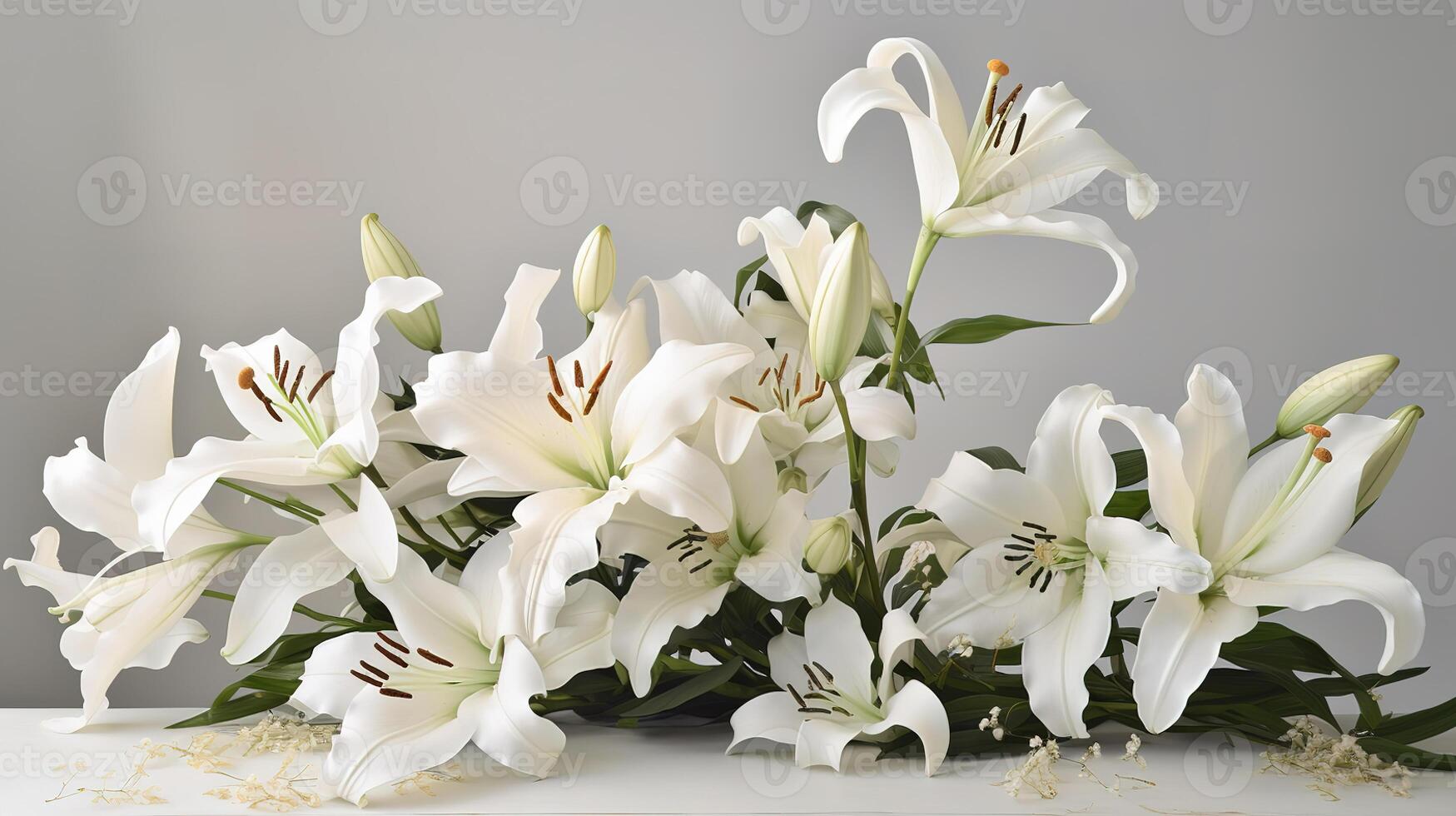 White lilies on granite tombstone in cemetery. photo