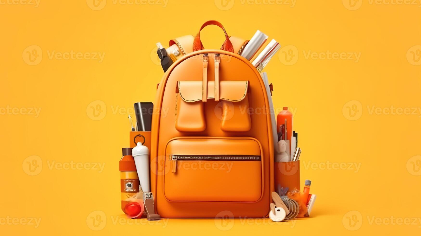 Full school backpack with different supplies on orange, concept back to school. photo