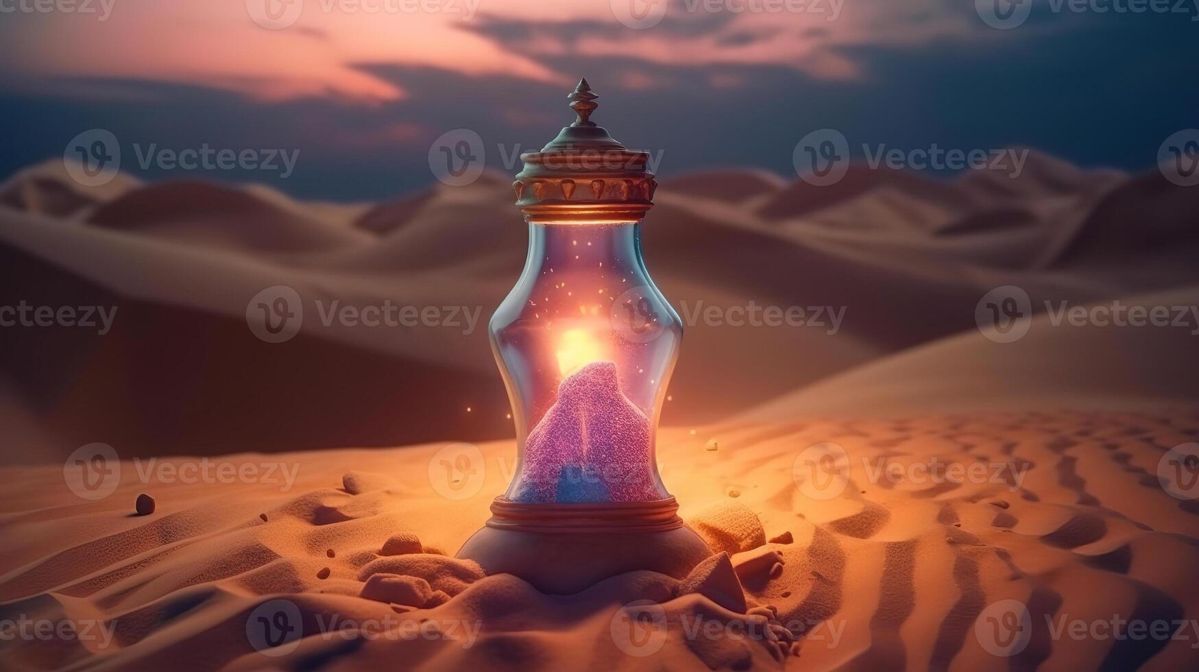 Lamp of wishes on sand in desert genie coming out of the bottle, bright color. photo