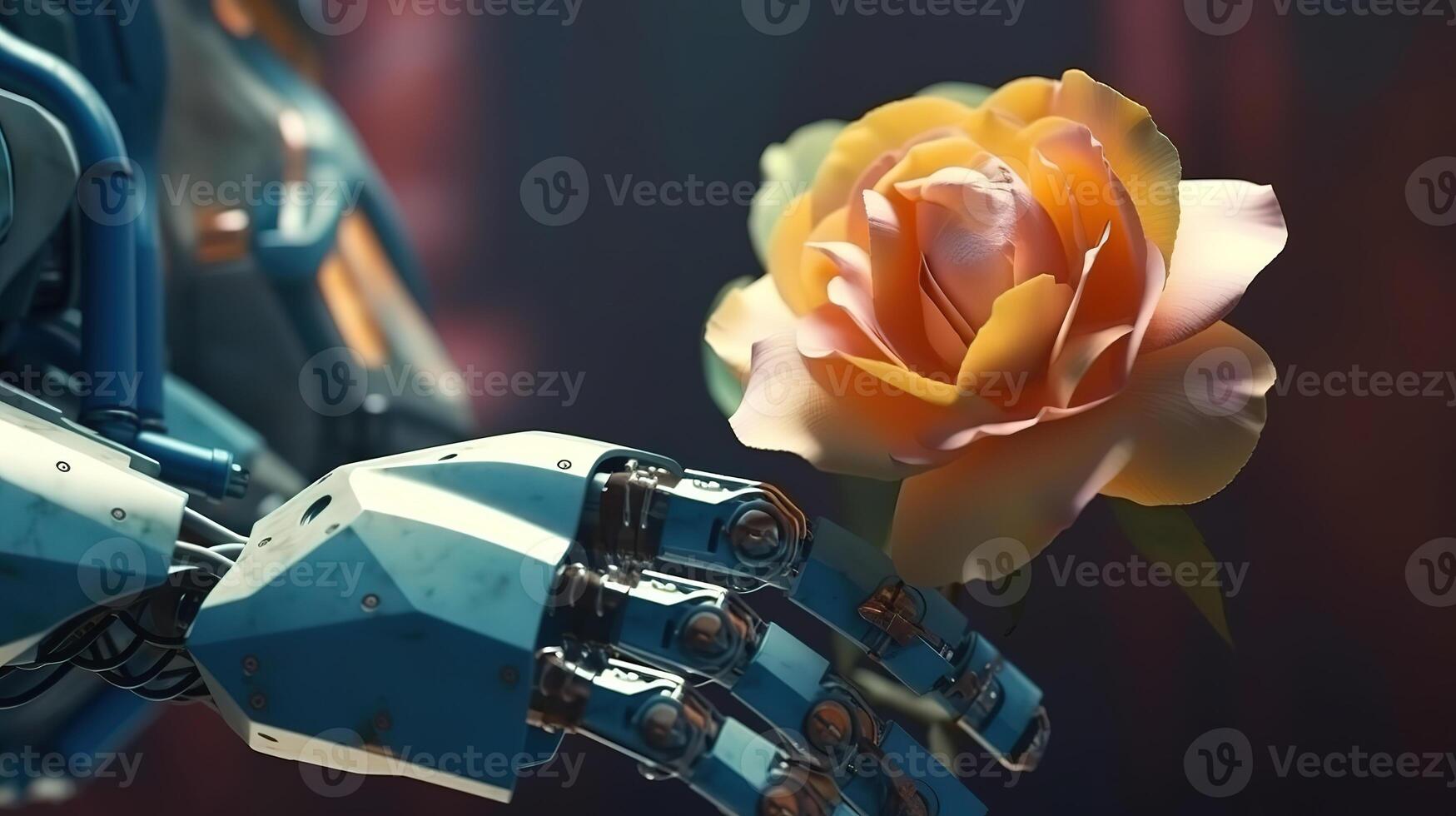 CLOSE-UP OF robot hand holding flower illustration. photo