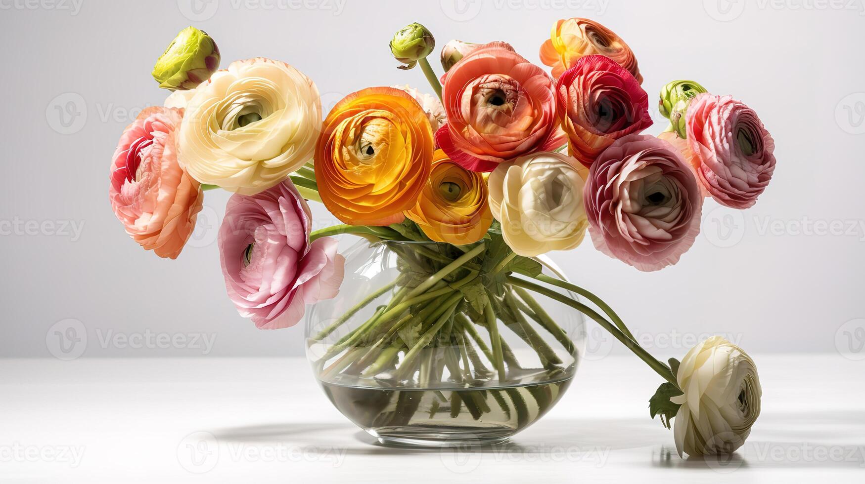 An illustration of a bouquet of ranunculus in shades of pink and orange. photo