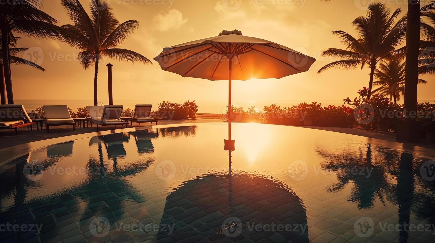 Umbrella and deck chair around outdoor swimming pool in hotel resort. photo