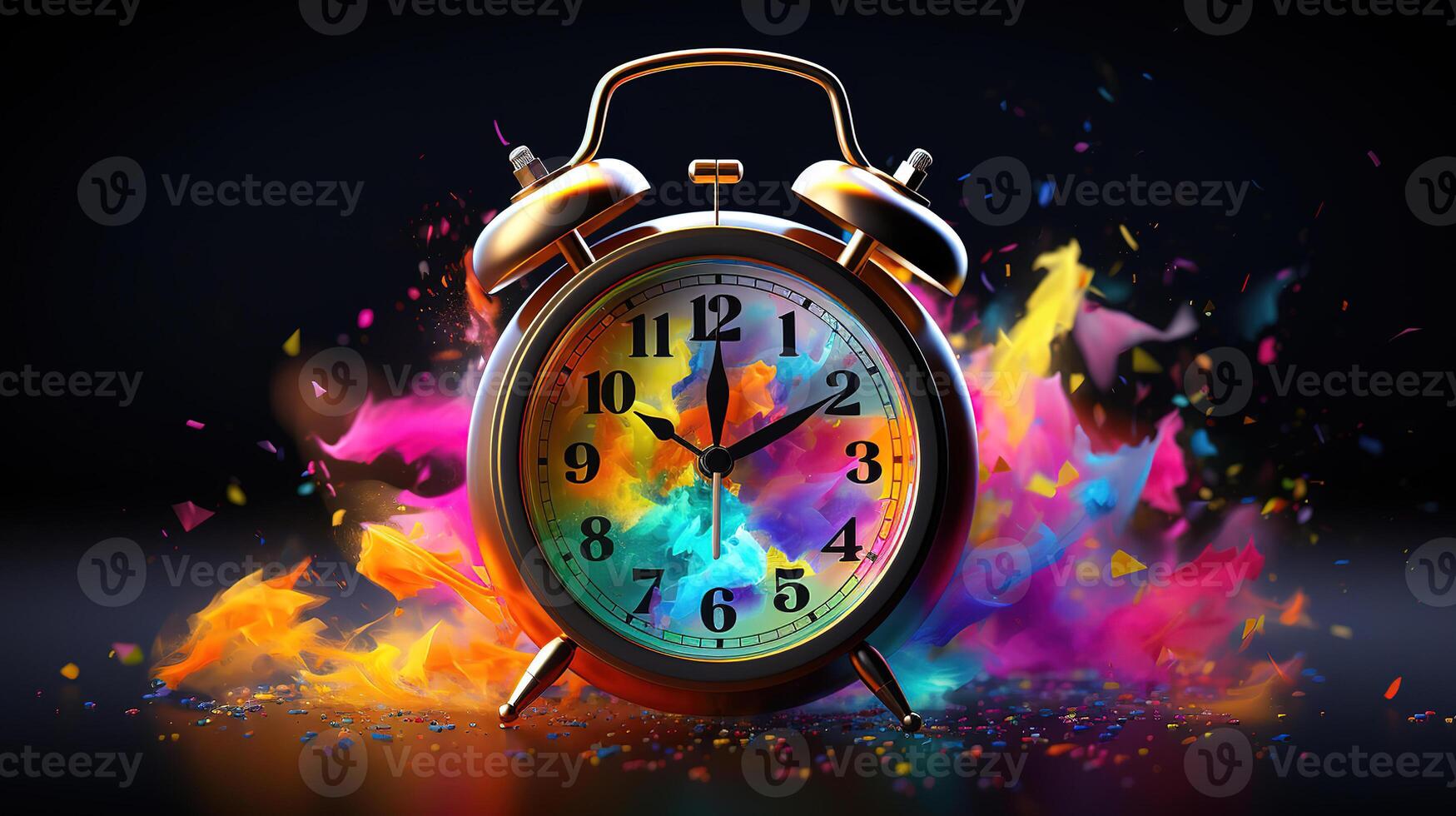 Back to school with red alarm clock and typography black chalkboard background. photo