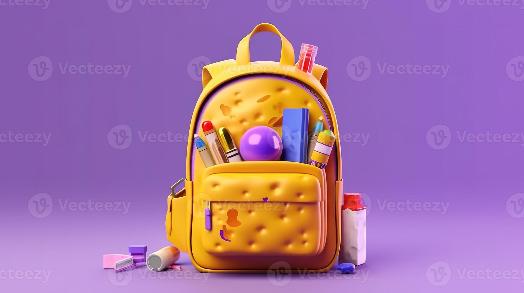 Flat lay of school essentials with backpack and calculator. photo