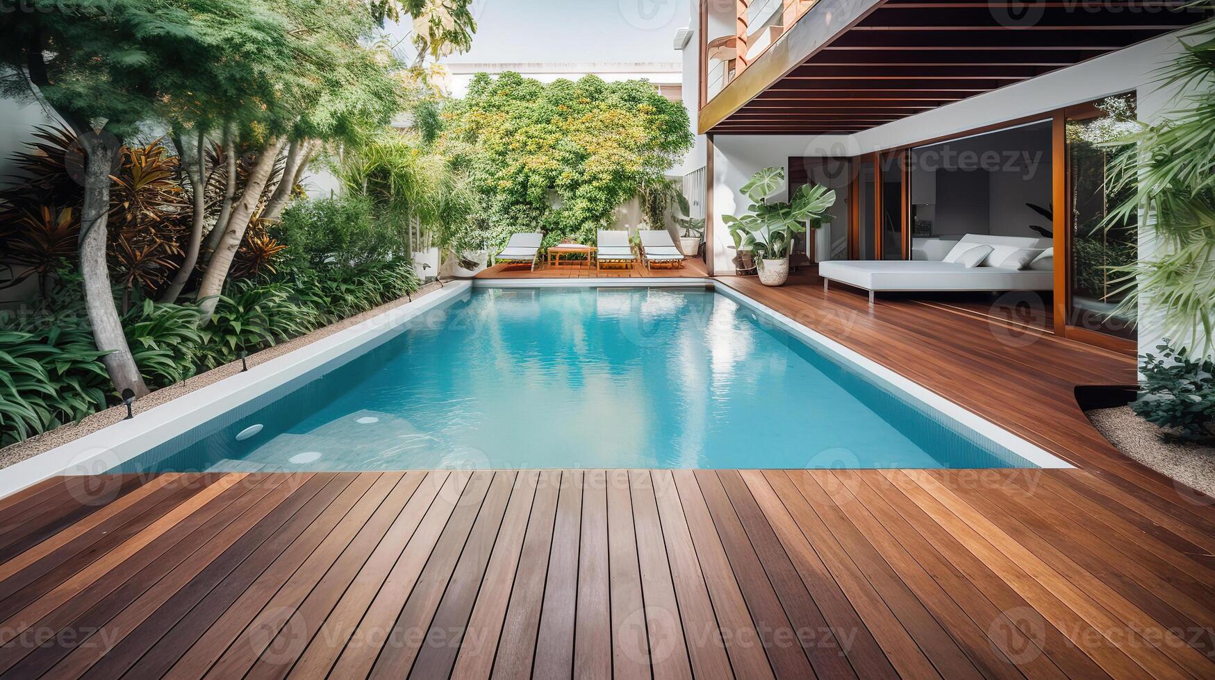 Swimming pool and decking in garden of luxury home, bright color. photo