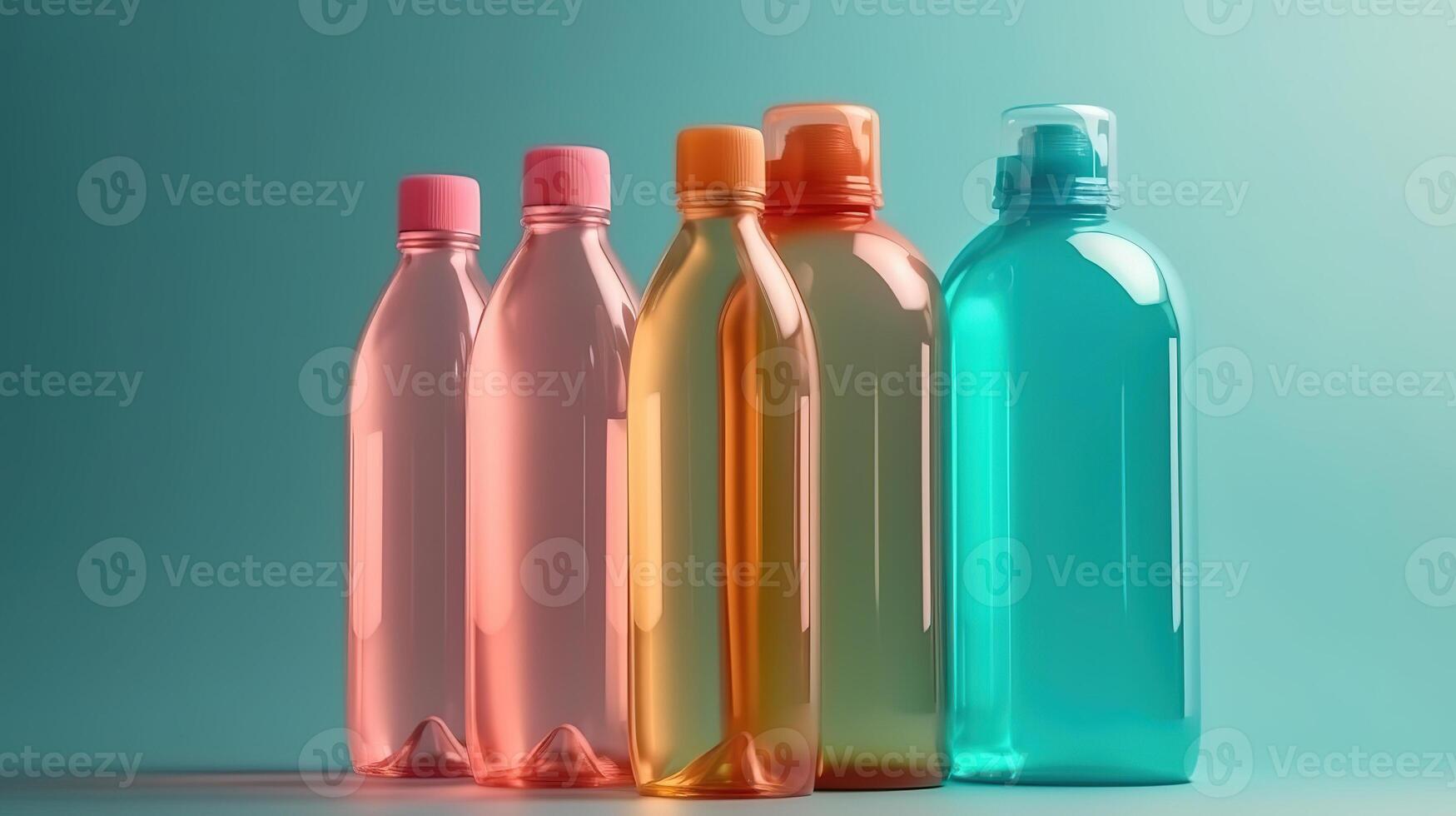 Many plastic containers of different shapes and colors isolated on white background. photo