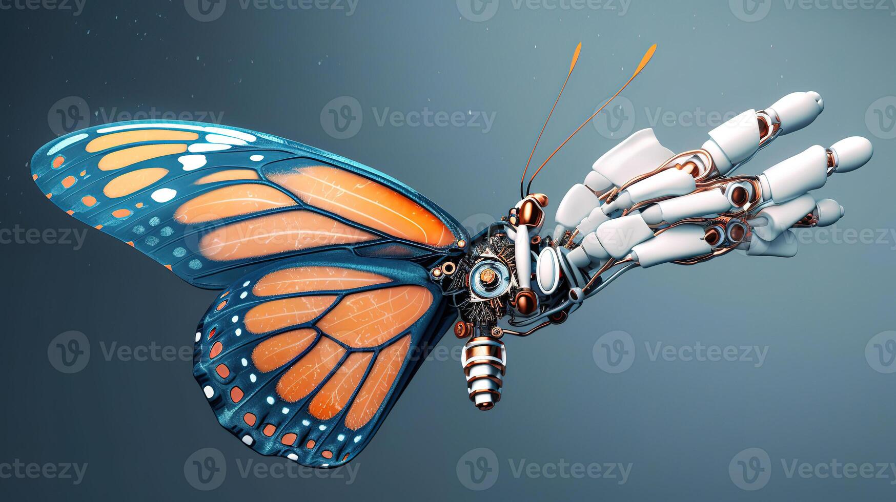 3d render of an orange butterfly sitting on a detailed robotic forefinger. Generative Ai photo