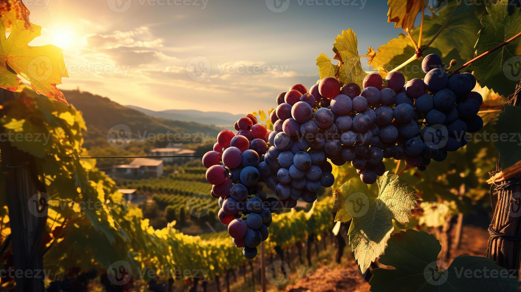 Grapes in vineyard landscape in transylvania. photo