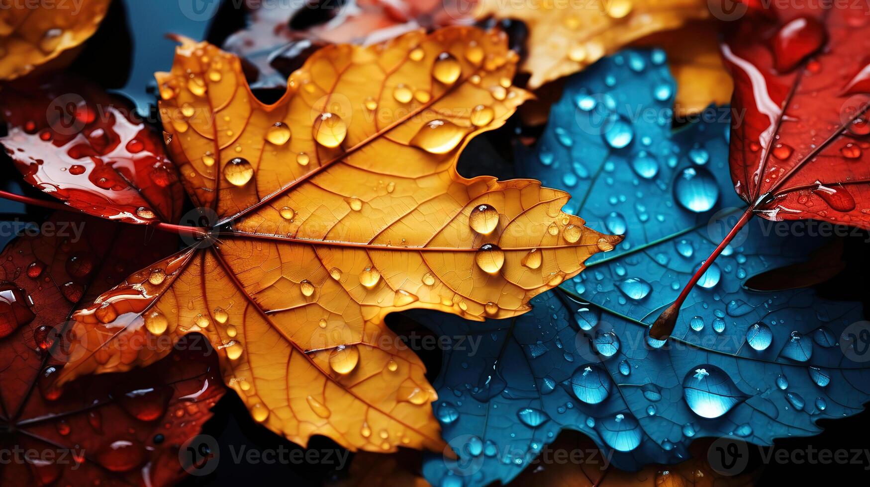 Autumn leaves on the window with rain drops, Blurred background. photo