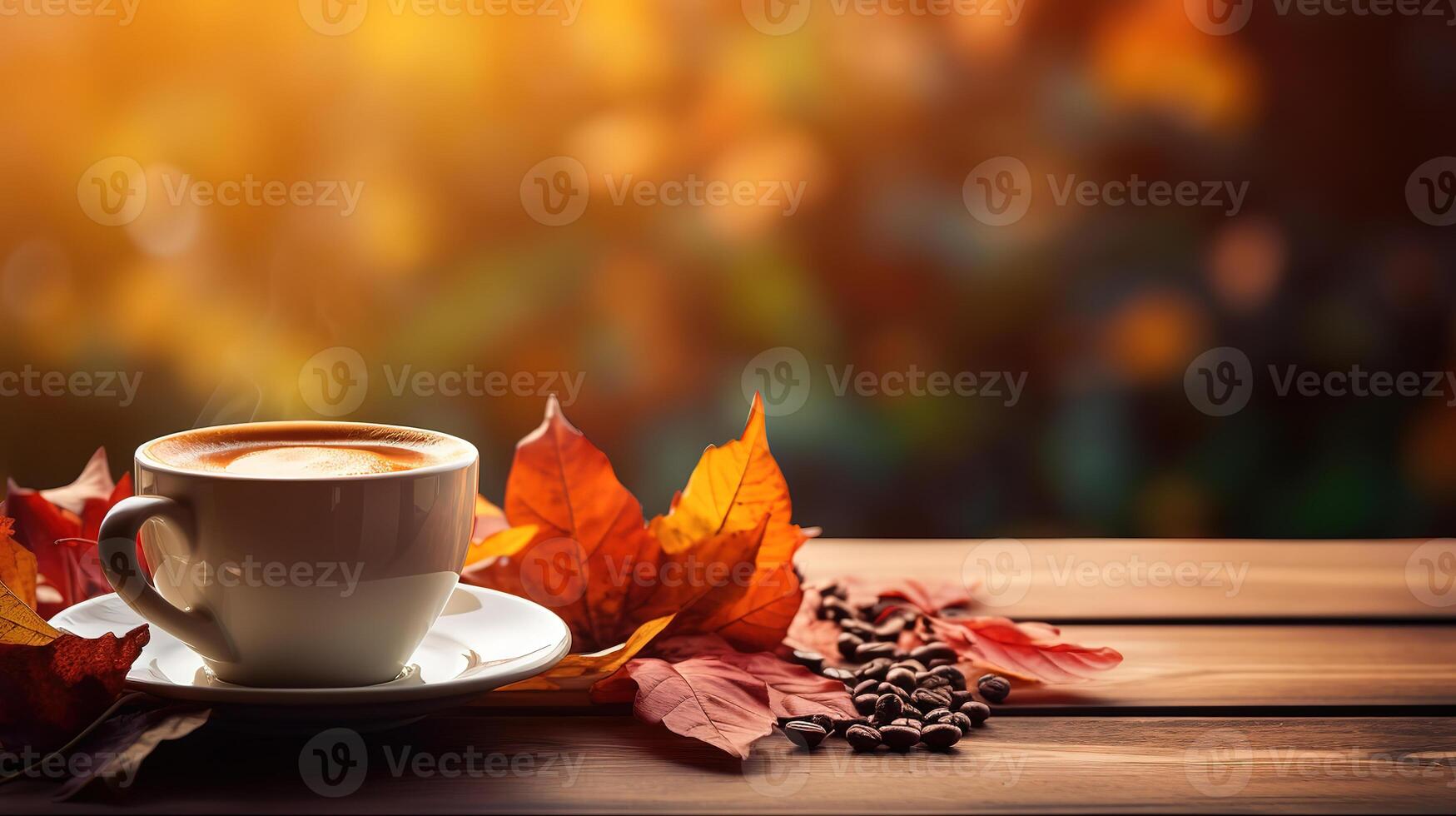 Coffee and autumn maple leaves composition. photo