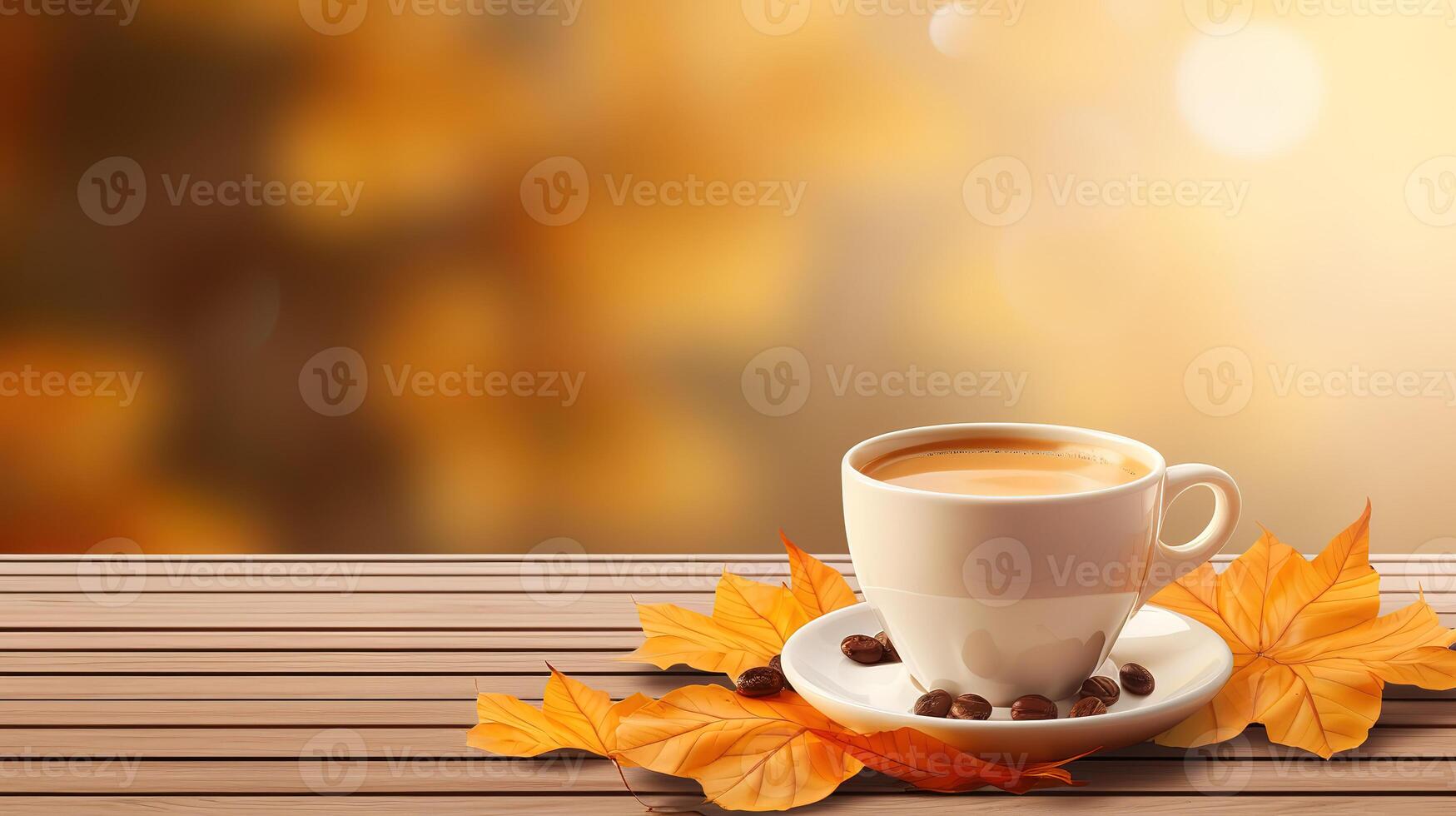 Autumn coffee or tea in a cup on a wooden table against the background. photo