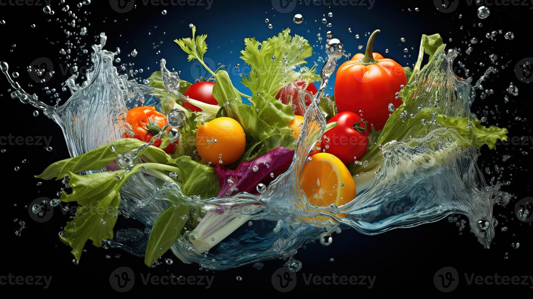 Three bell peppers falling into the splash water. photo