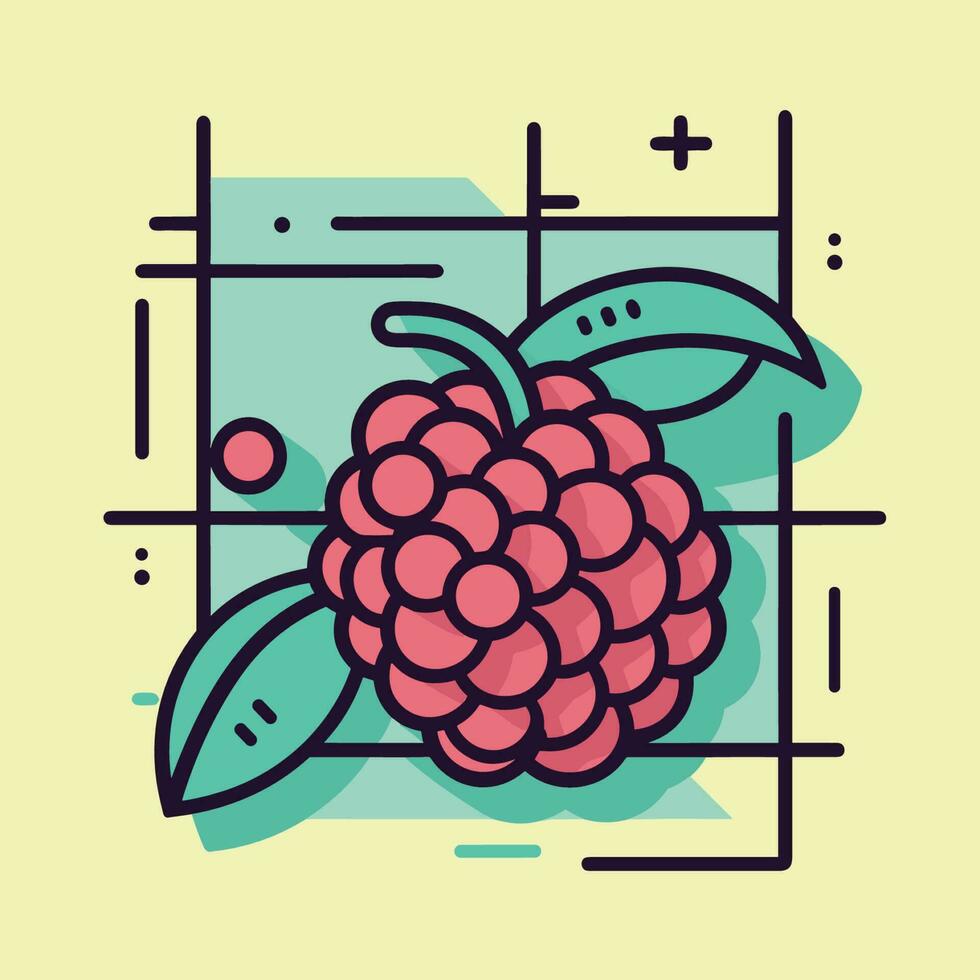 Vector of a vibrant raspberry with leaves on a sunny yellow backdrop