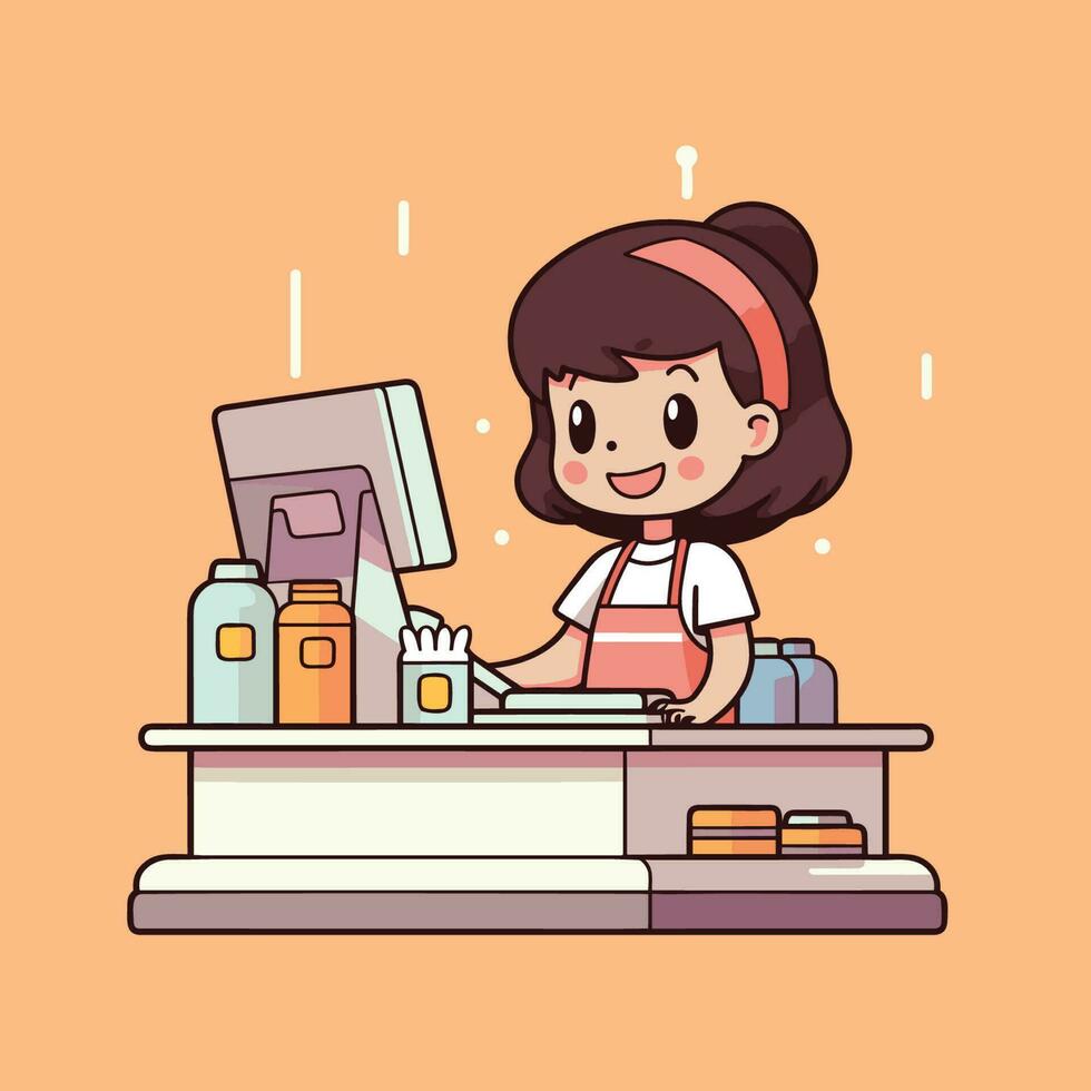 Vector of a woman working at a computer counter