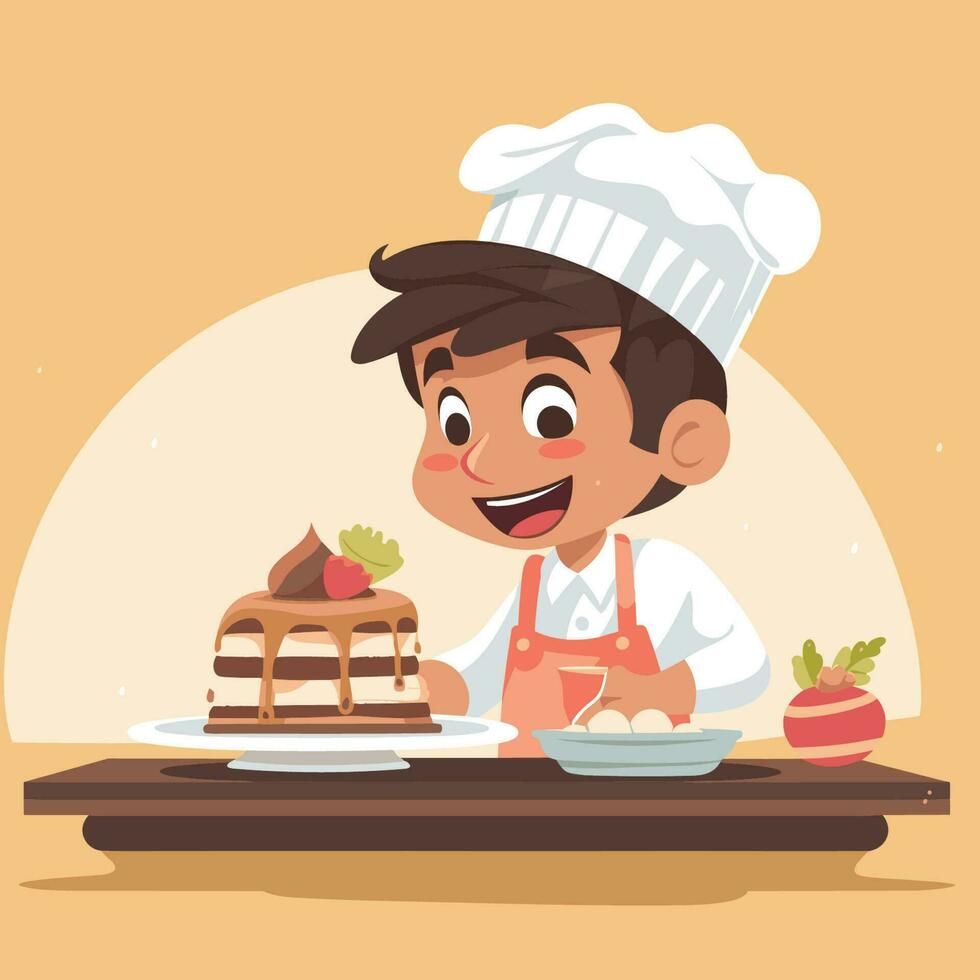 Vector of a young boy admiring a delicious chocolate cake while wearing a chefs hat