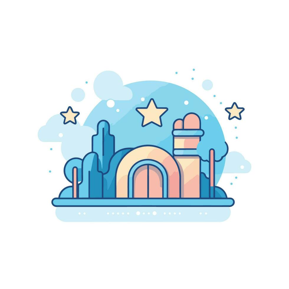 Vector of an inflatable castle with stars and clouds in the background