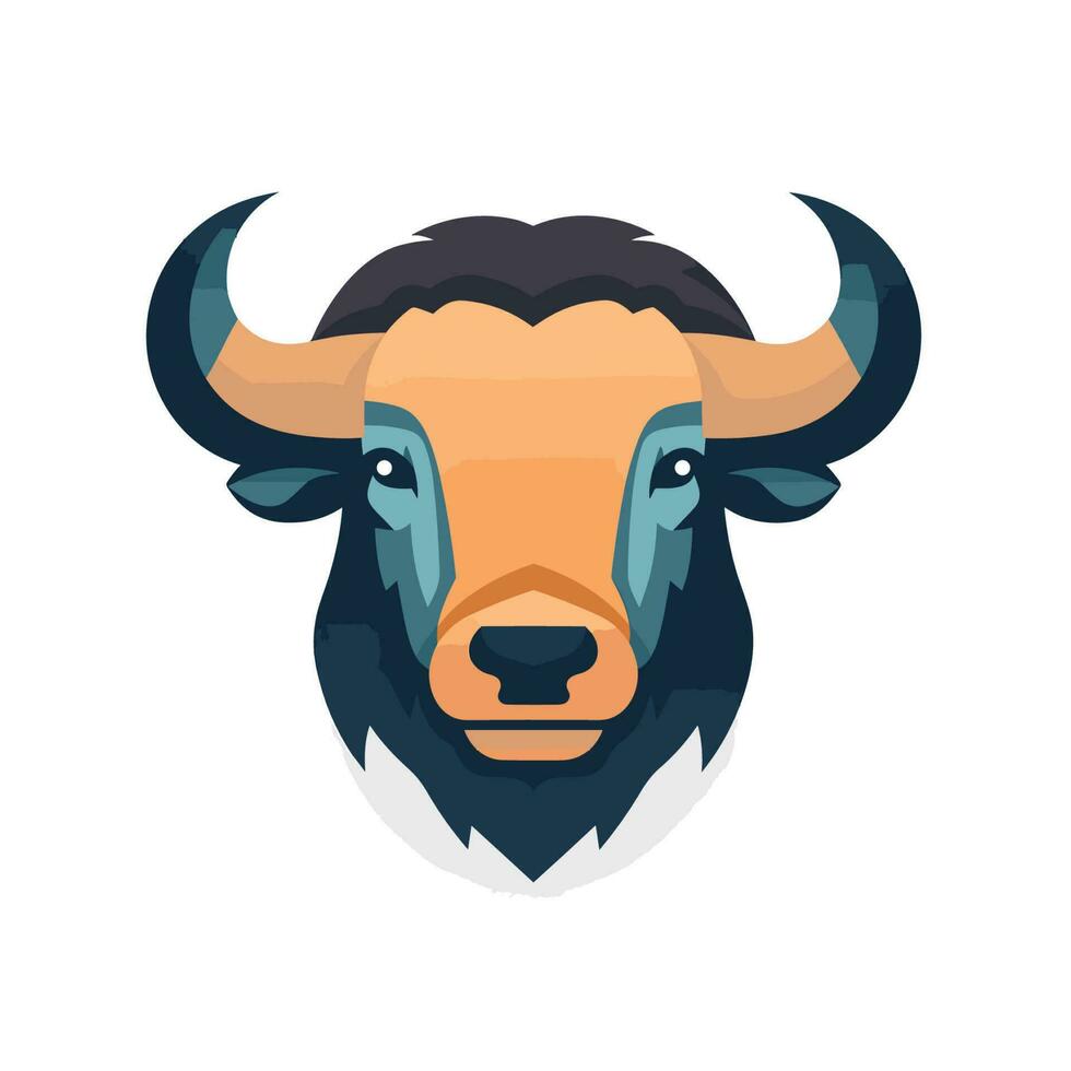 Vector of a flat, minimalist depiction of a bulls head with striking horns against a clean white background