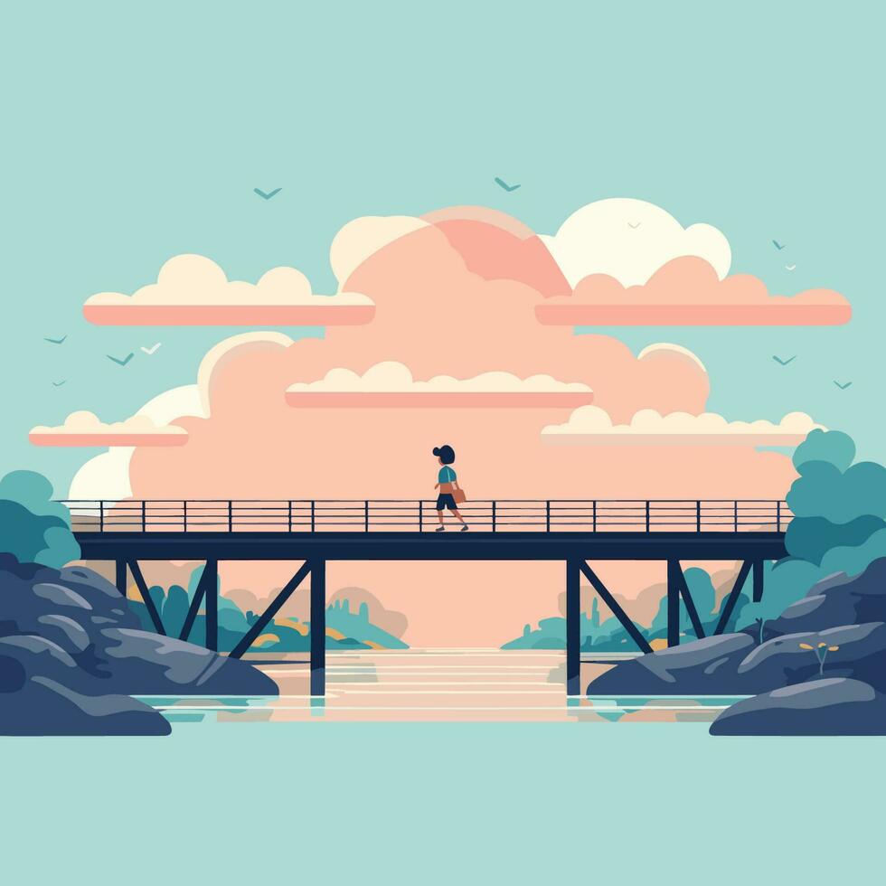 Vector of a person crossing a picturesque bridge over a serene river