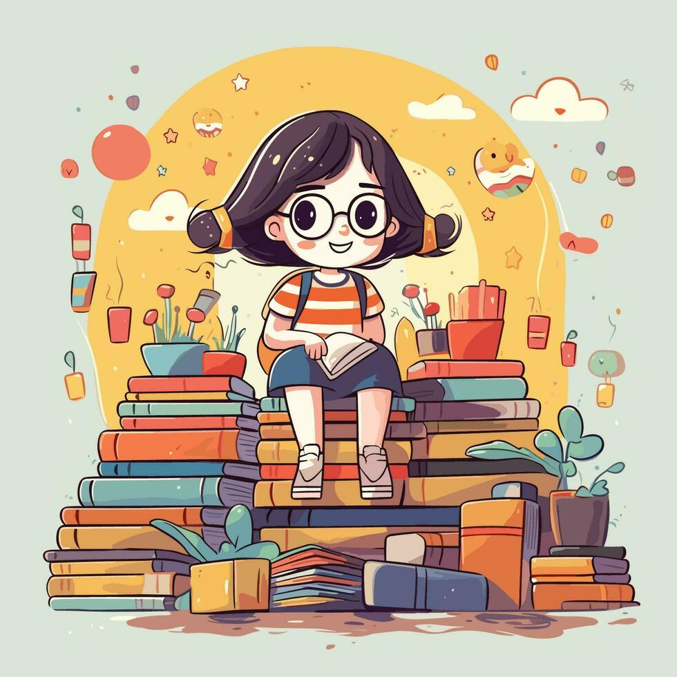 vector de un niña sentado en un apilar de libros, perdido en el mundo de literatura