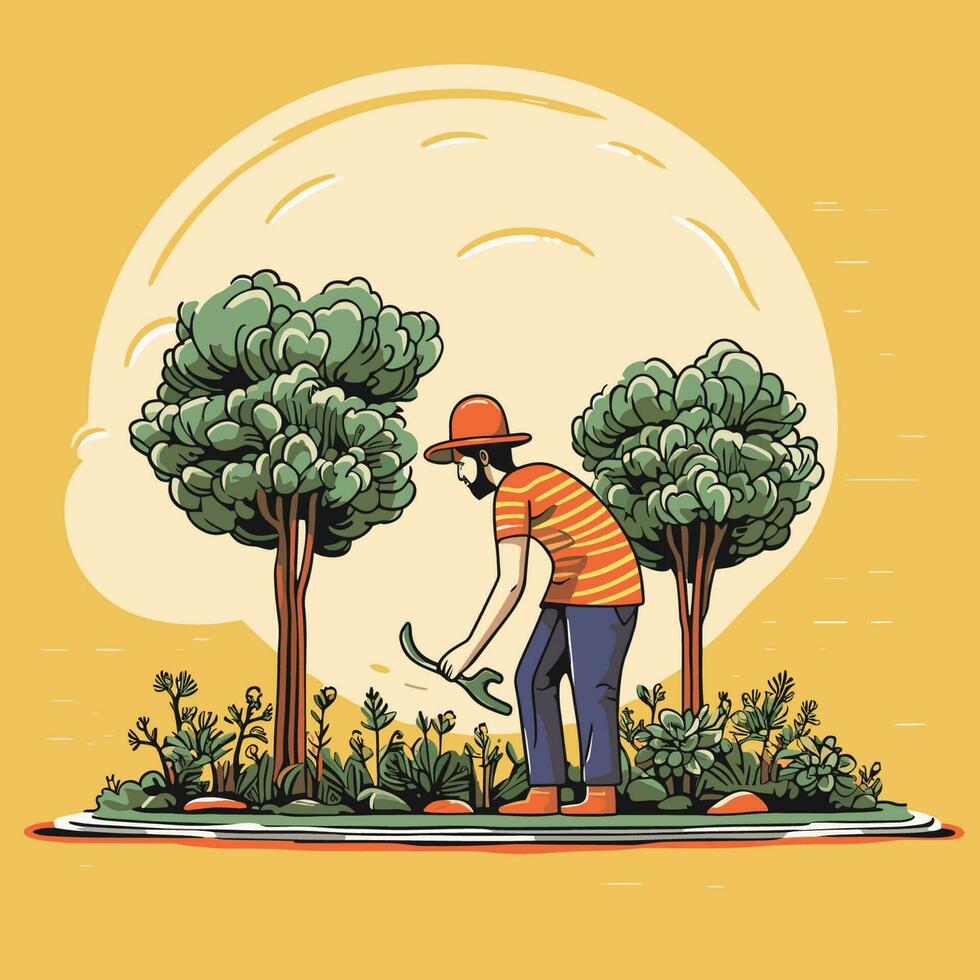 Vector of a man in a hat working in a garden