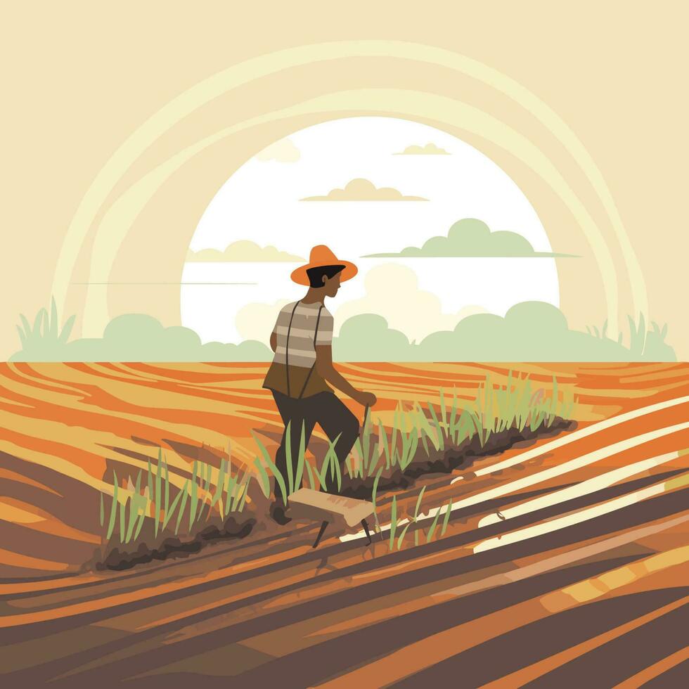 Vector of a man walking across a field with a hat on