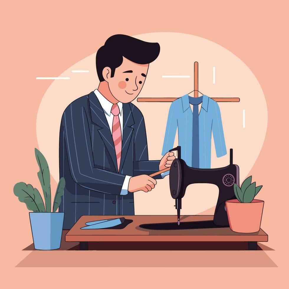 Vector of a man in a suit using a sewing machine