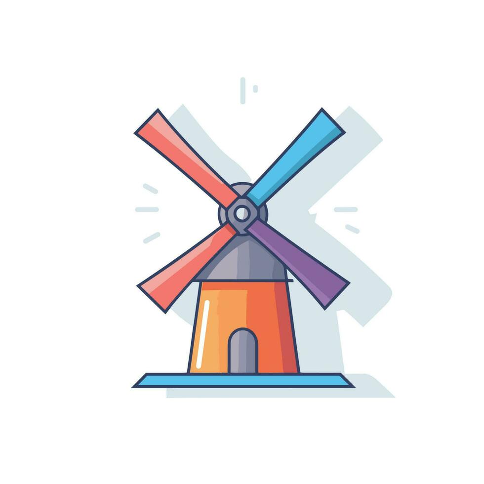 Vector of a vibrant windmill with two colorful blades spinning against a flat landscape