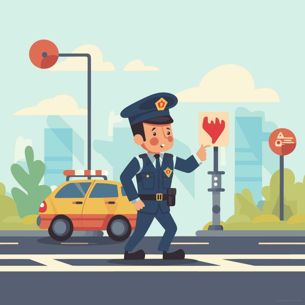 Vector of a police officer directing traffic on a busy city street