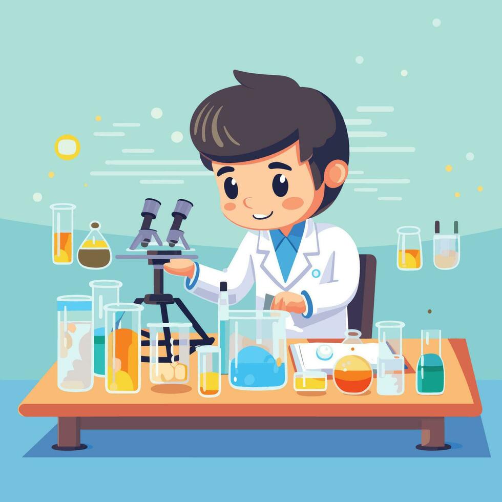 Vector of a scientist examining a sample under a microscope