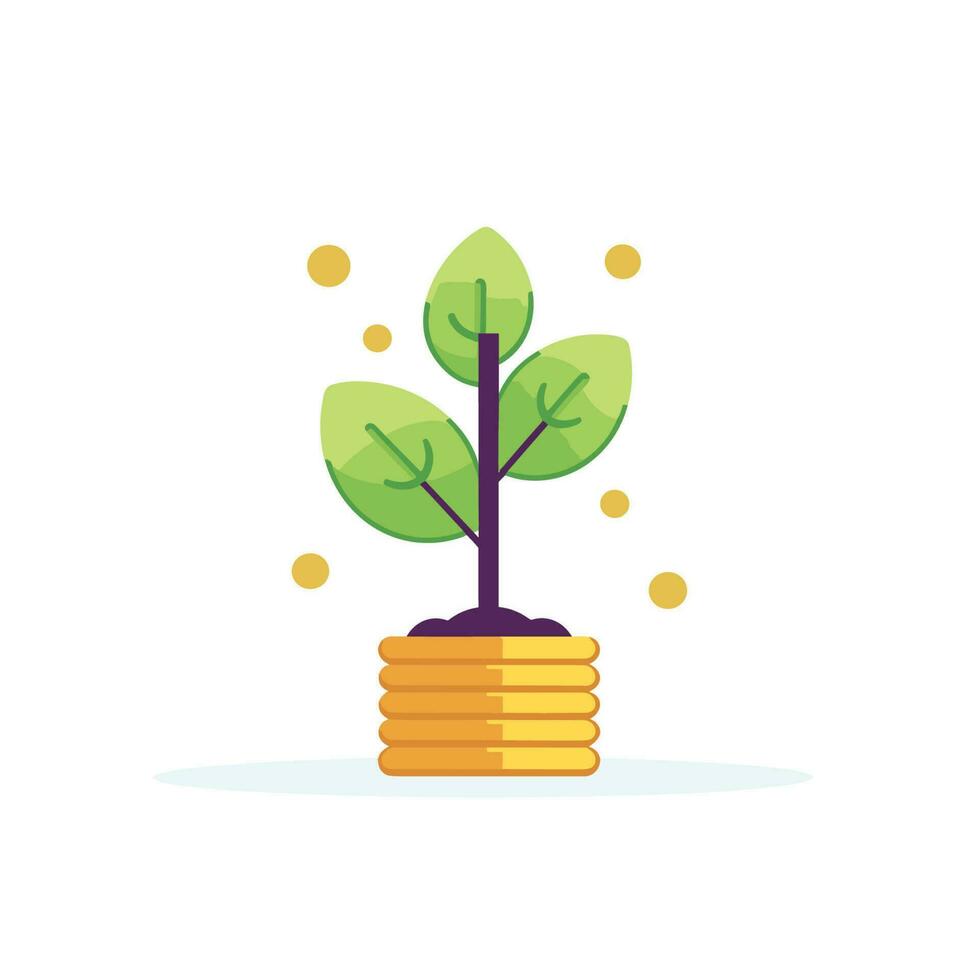 Vector of a plant growing out of a stack of coins on a flat surface