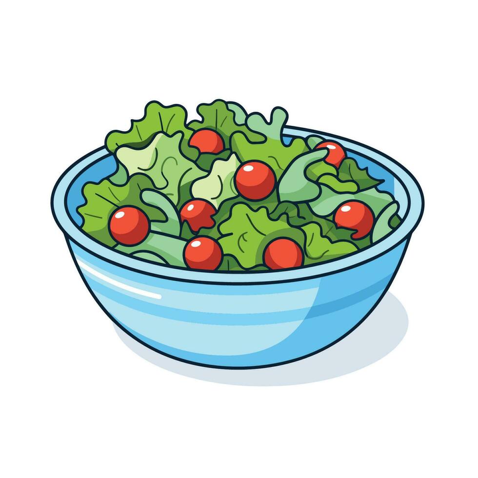 Vector of a flat icon vector of a blue bowl filled with fresh lettuce and juicy tomatoes