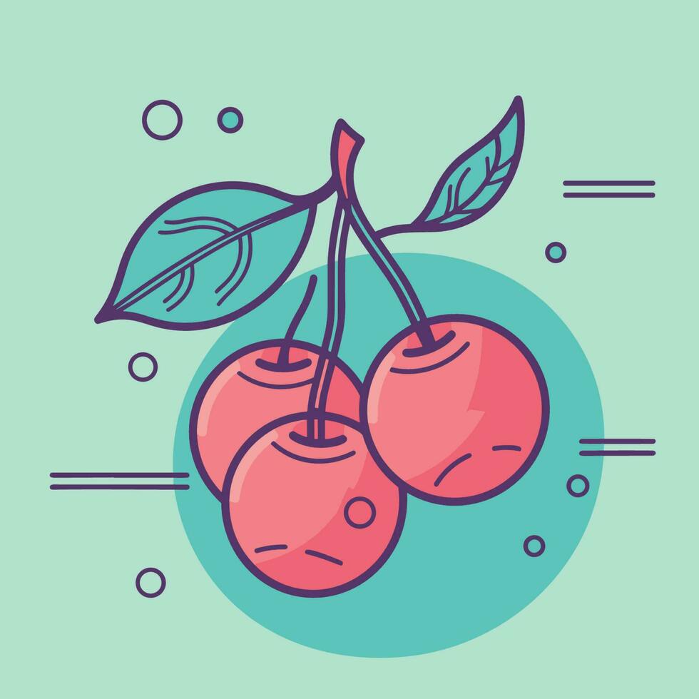 Vector of two ripe cherries with leaves on a vibrant green background
