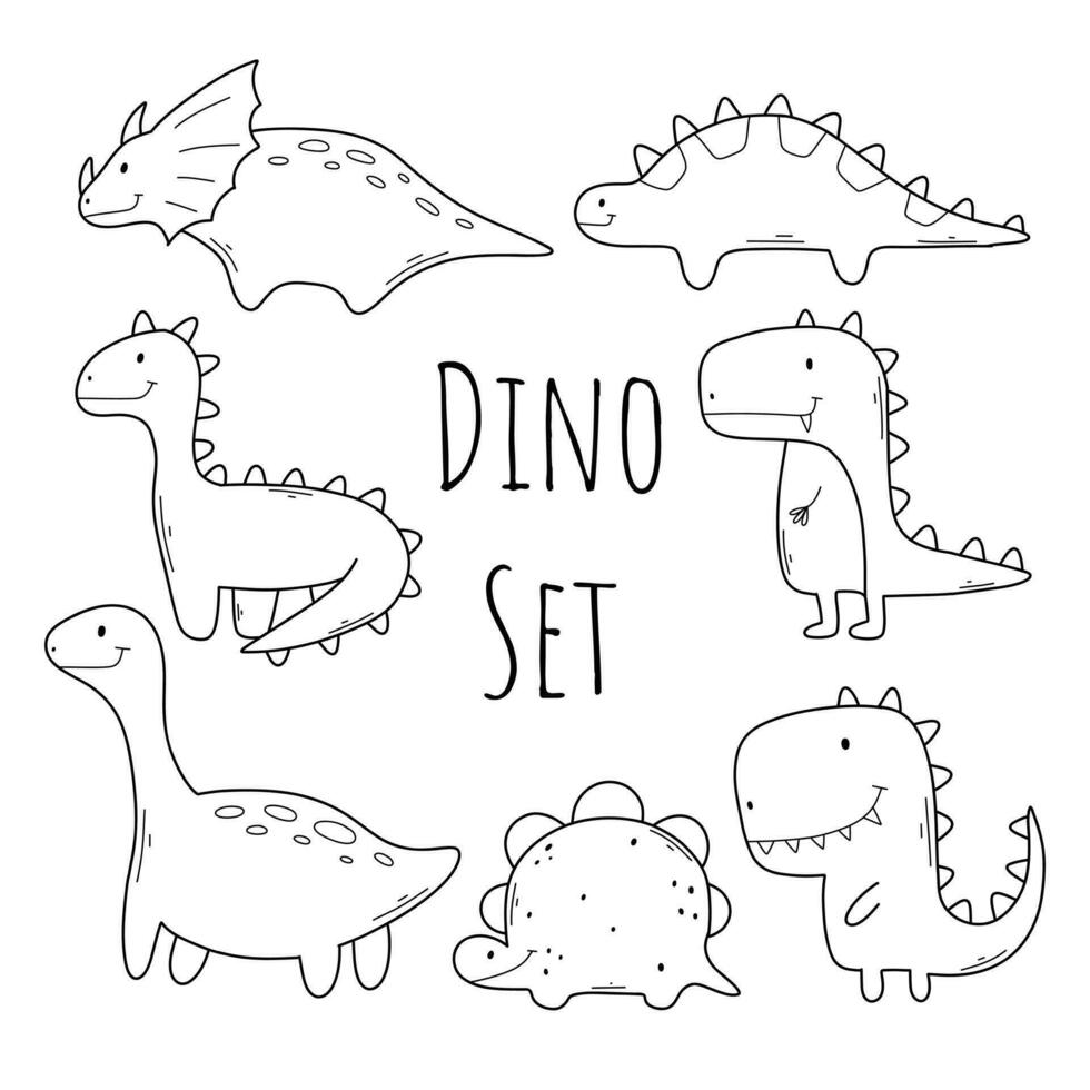Set of dinosaurs in doodle style. Linear collection of Cute dinos. Vector illustration.