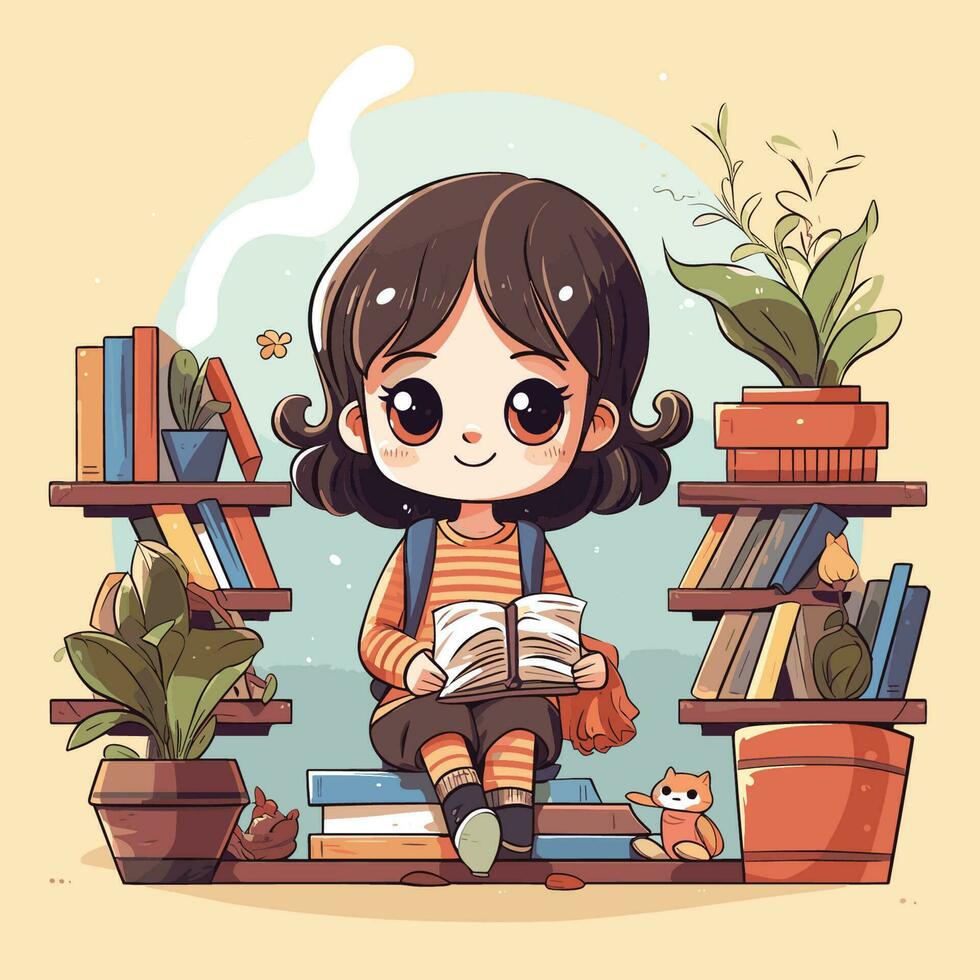 vector de un joven niña absorto en leyendo un libro en un estante para libros