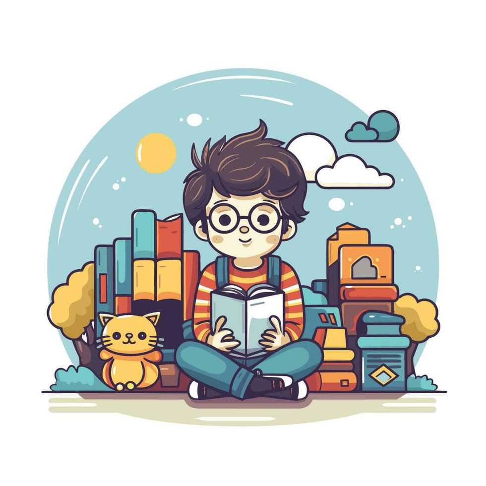 Vector of a young boy engrossed in a book while sitting on the floor